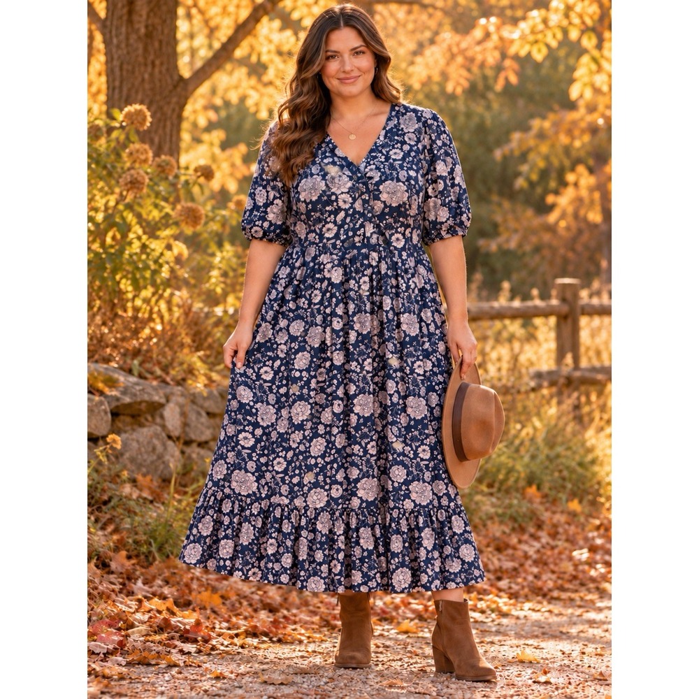 Knox Rose Floral Tiered Midi Dress Women's S Navy Pink Puff Sleeve Boho FF09